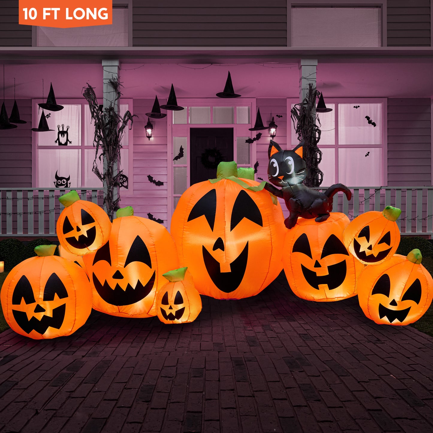 Syncfun 10 FT Halloween Inflatable Long Pumpkin with Witch's Cat Decorations Inflatables with Build-in LEDs,Halloween Decor Outdoor Blow Up Yard Decorations