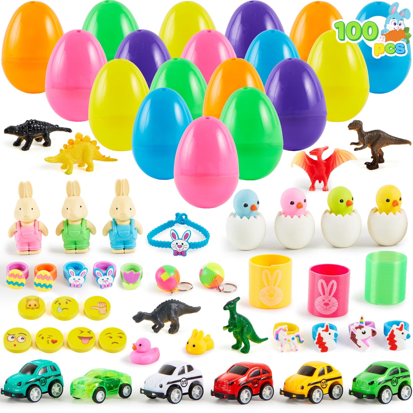 100 Pcs Toys Bulk Stuffed Easter Eggs with Easter Stickers and Toys Inside for Easter Hunts Basket Stuffers Easter Party Favor Surprise Gifts