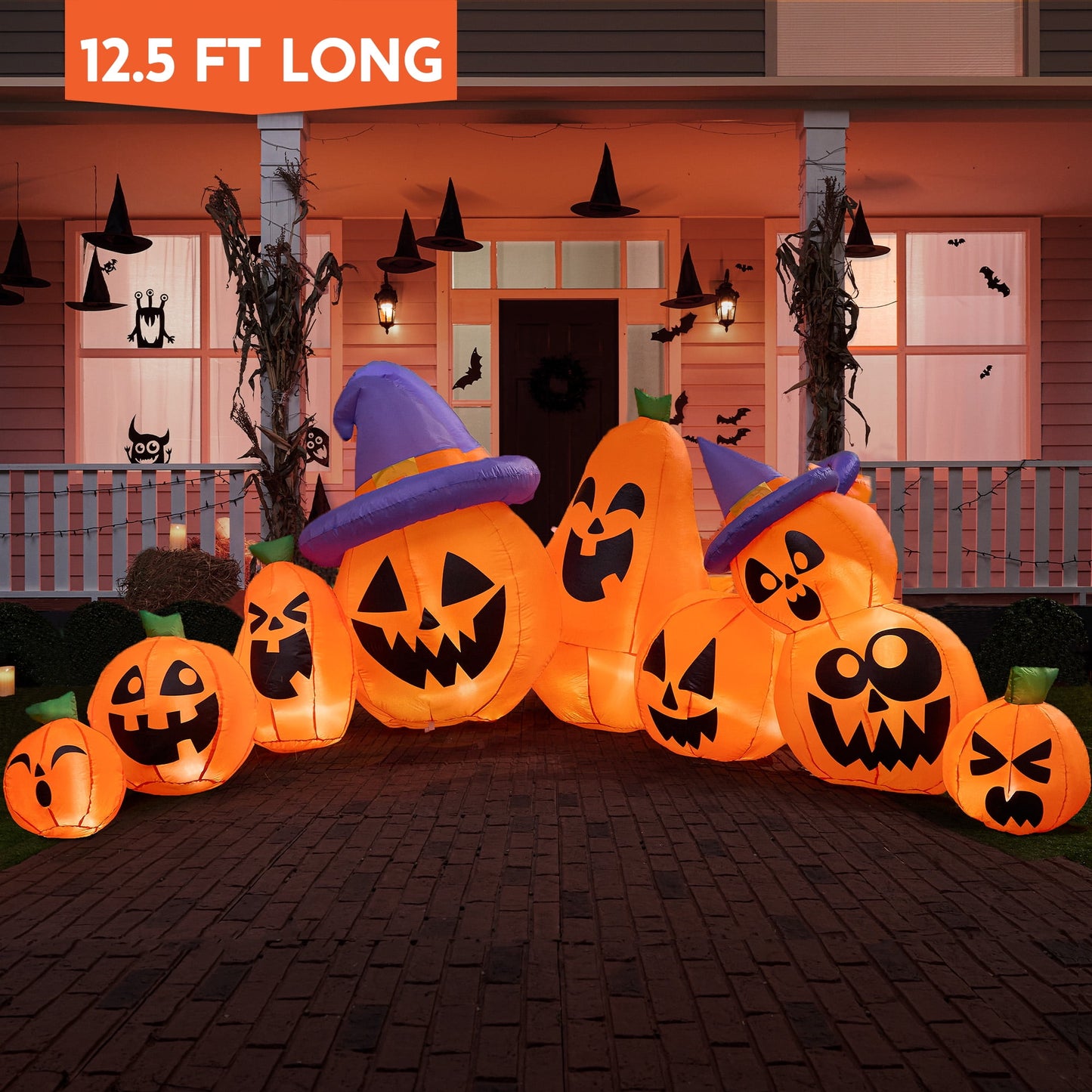Syncfun 12.5 FT Halloween Inflatable Long Pumpkin with Witch Hat Decorations Inflatables with Build-in LEDs,Halloween Decor Outdoor Blow Up Yard Decorations