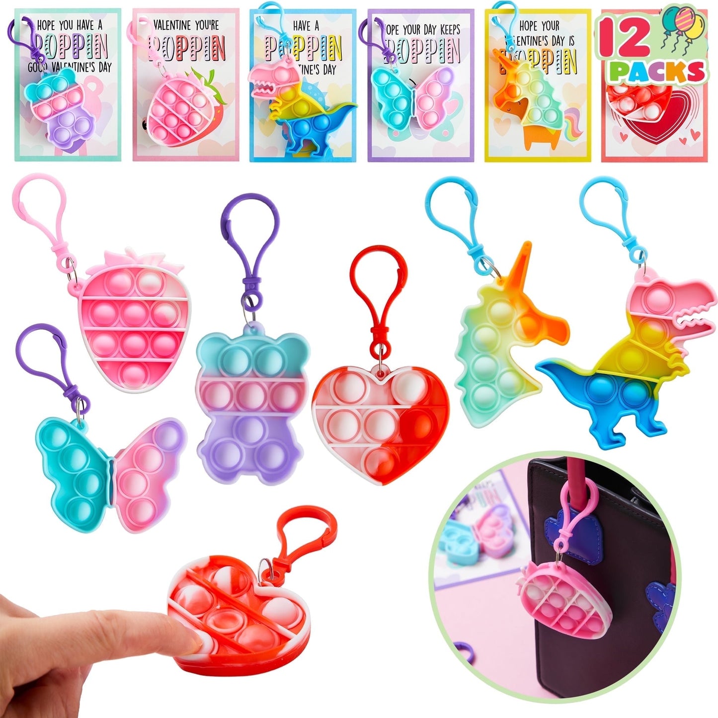 Joyfy 12 Packs Valentines Day Cards with pop Fidget Keychains Toys, Fidget Valentines Day Cards for Kids School Classroom Exchange Card Gifts