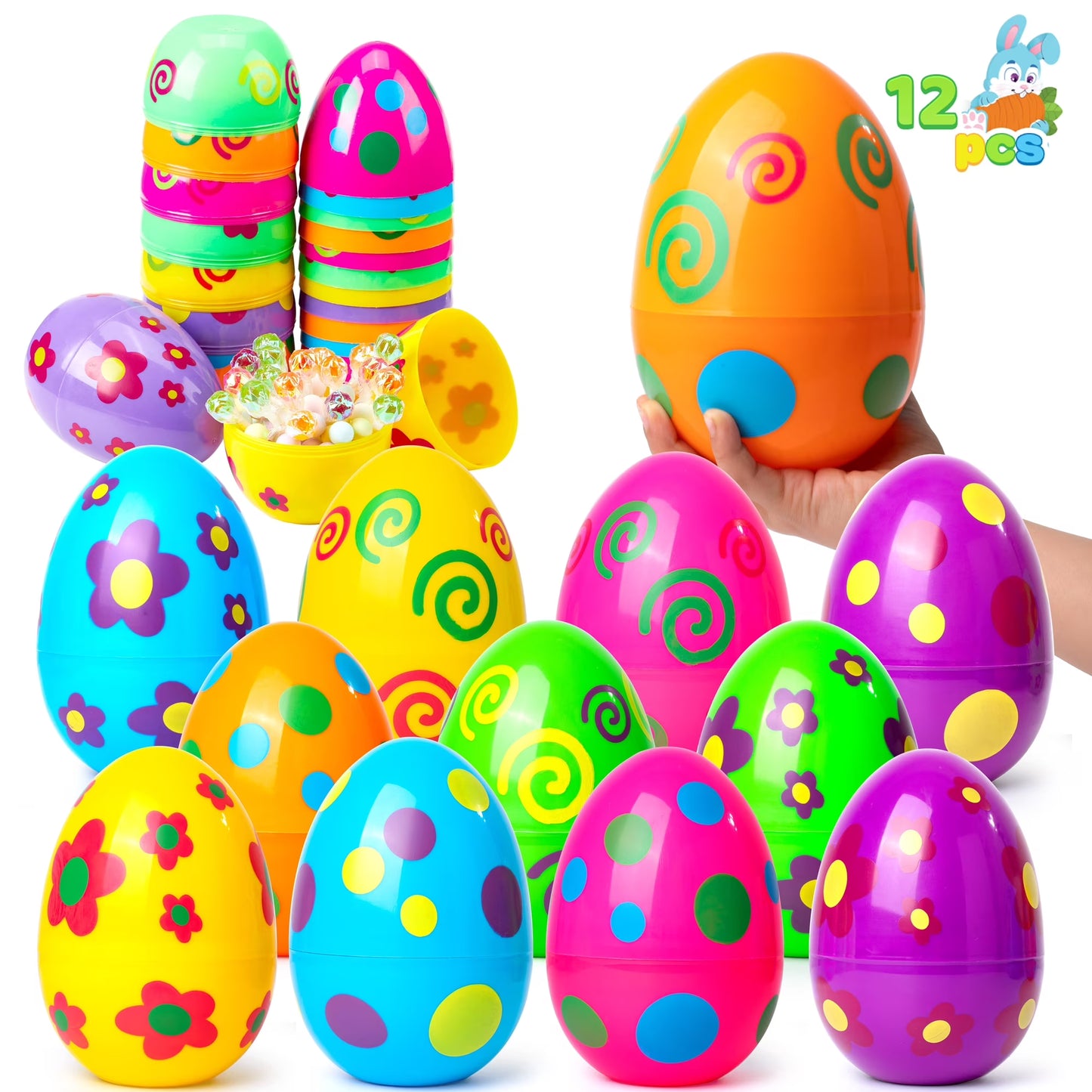 Joyfy 12 Pcs Large Printed Easter Eggs, 6 Jumbo Plastic Empty Fillable for Easter Egg Hunt, Basket Stuffers/Fillers, Filling Treats, Party Favors Supplies, Classroom Prizes