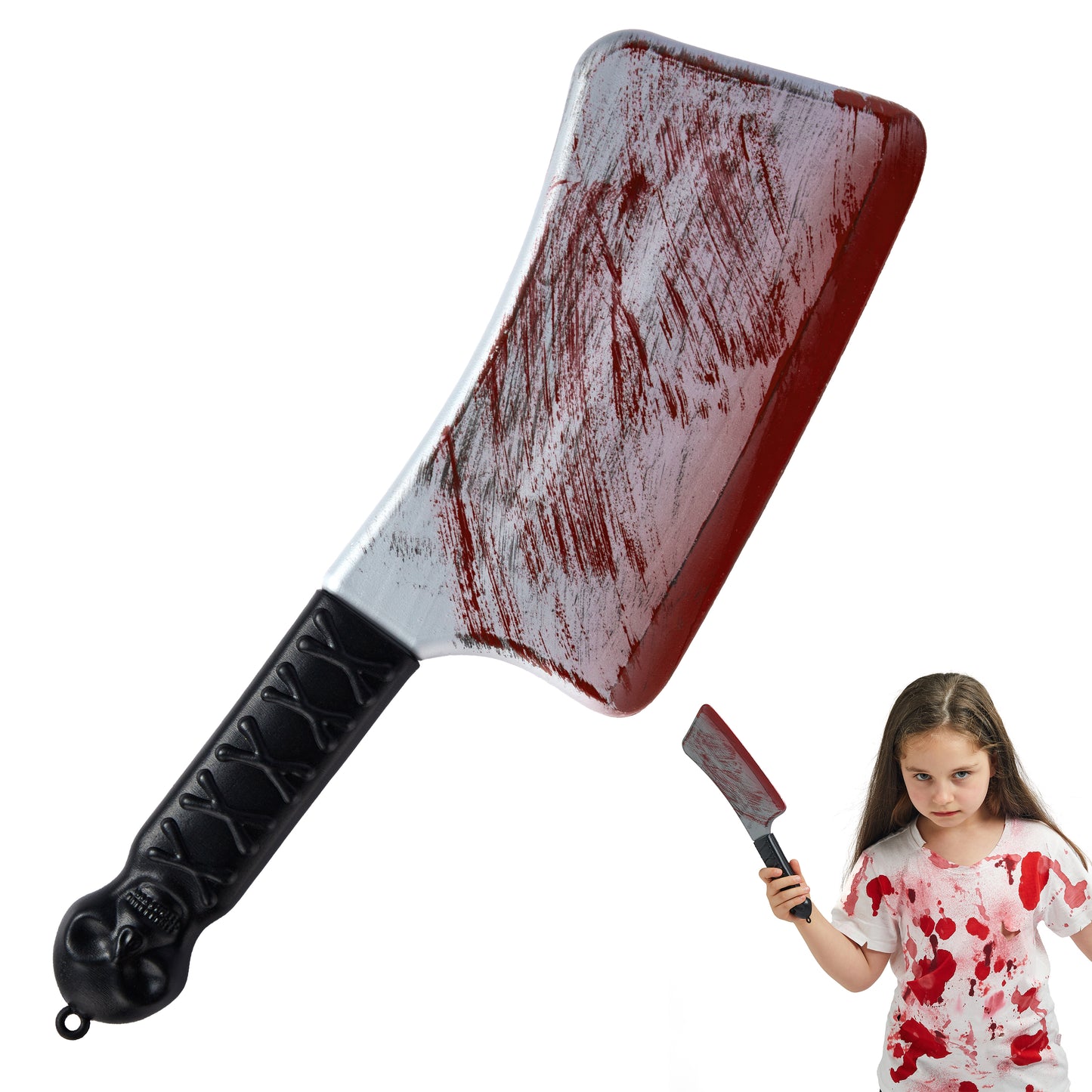 SYNCFUN 14.2 Inch Halloween Fake Cleaver With Fake Blood Prop,Large Plastic Halloween Prop Knife Toy for Costume Accessories Horror Costumes,Scary Accessories for Kids & Adults