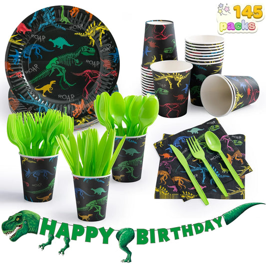 Syncfun 145 Pcs Dinosaur Birthday Party Supplies with Trex Banner, 24 Serves Disposable Tableware Set for Dinosaur Themes Party Kids 2 3 4 5 6 7 8 Years