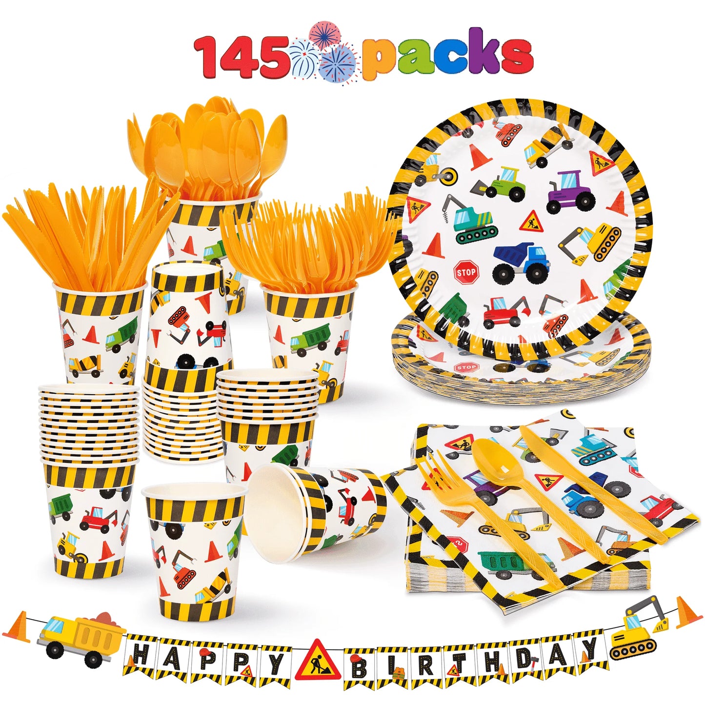 Syncfun 145 Pcs Kids Birthday Party Supplies with Truck Banner 24 Serves Disposable Tableware Set with Plates, Cups, Napkins & Cutlery, Construction Theme Party Decoration for Boys