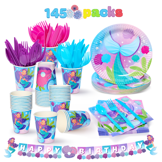 Syncfun 145 Pcs Mermaid Party Supplies for Kids Birthday with Banner 24 Serves Disposable Tableware Set with Plates, Cups, Napkins & Cutlery, Mermaid Birthday Party Decoration for Girls