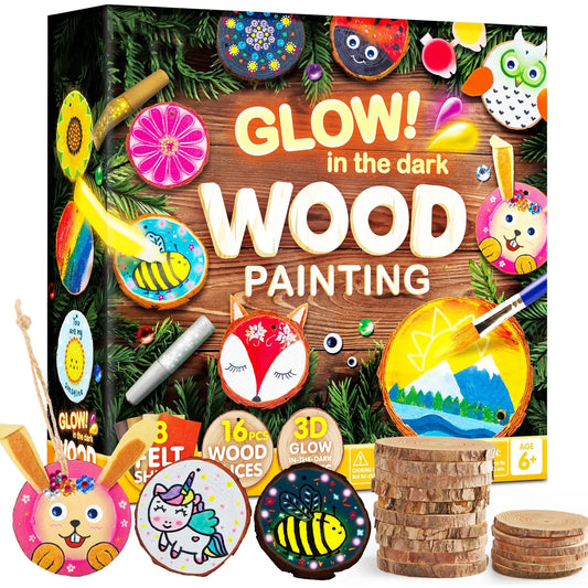 Syncfun 16Pcs Wood Slice Painting Kits, Glow In The Dark Painting Art and Crafts with Felt Sheets for Kids, Birthday Gift Party Art Supplies for Boys Girls