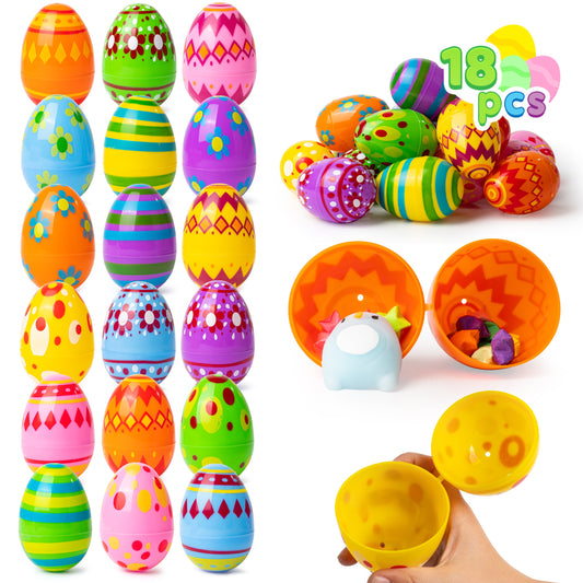 Joyfy Printed Easter Eggs 18 PCS 3.15", Empty Easter Eggs Fillable, Plastic Colorful Easter Eggs Bulks for Easter Hunt, Party Favors, Basket Stuffers Filler, Kids Easter Party Supplies