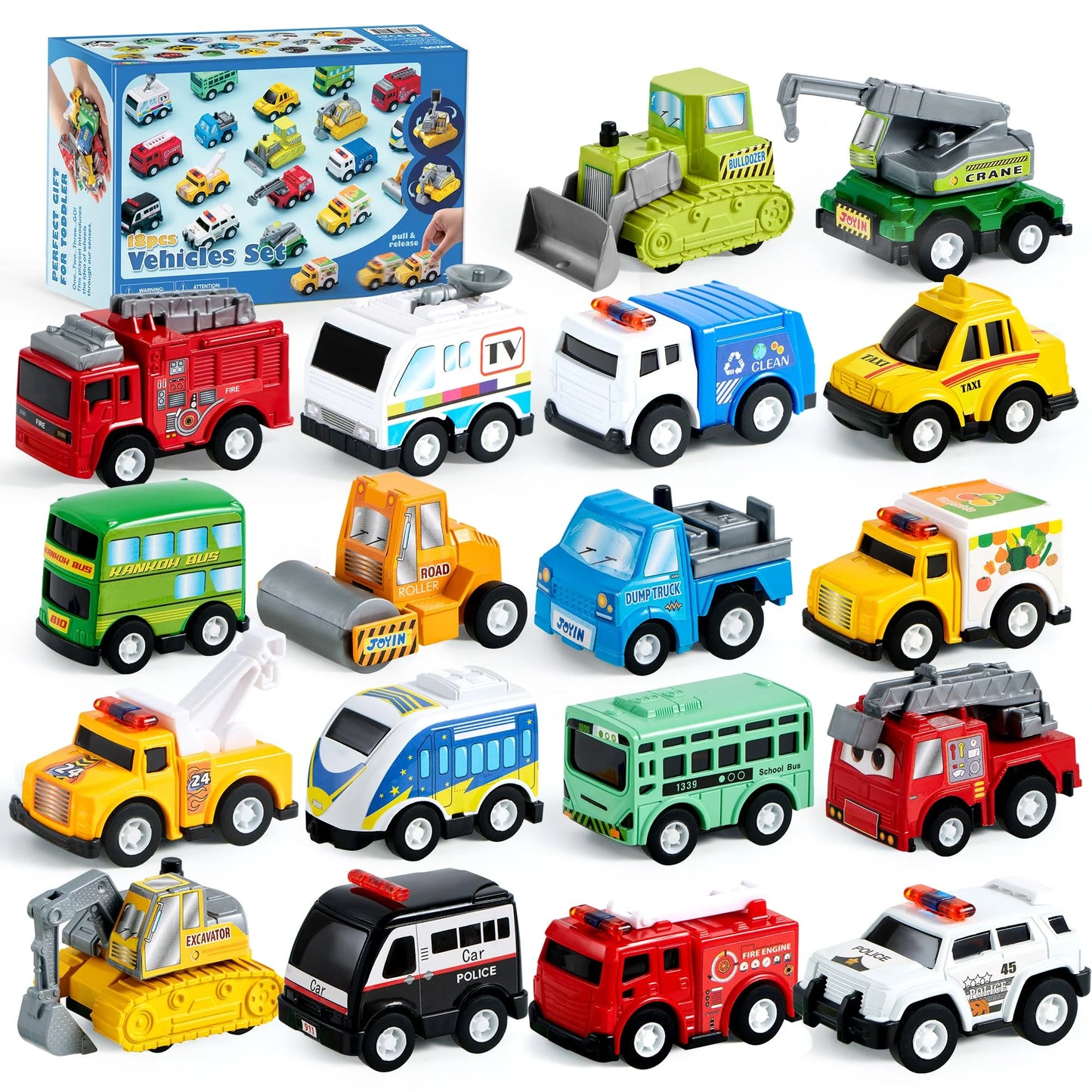 Syncfun 18 Pcs Toy Cars for kids, Friction Pull Back Play Car Vehicle Party Favors, Mini Excavator Toy Trucks for Boys 2 3 4 5 6 Years Old