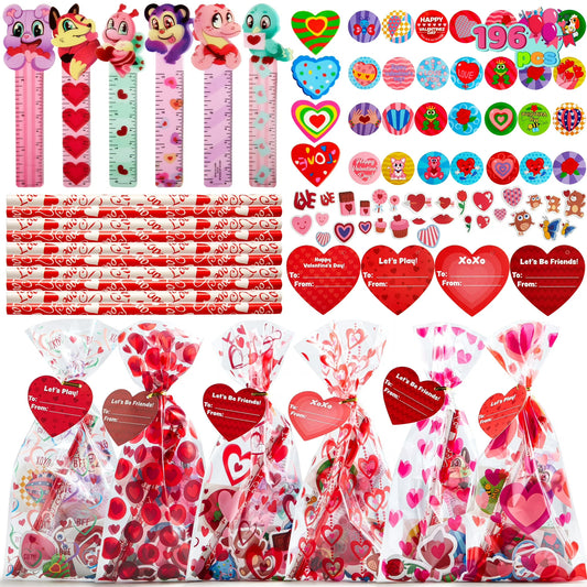 Joyfy 196 PCS Valentines Gifts for Kids,Valentines Goodie Bag Stuffers, Valentines Cards for Kids Classroom Exchange, Assorted Stationery Set for School Prizes Party Favors Treats