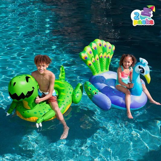 Syncfun 2 Packs Inflatable Dinosaur & Peacock Pool Floats Set, Fun Beach Floaties for Swim Party Toys, Inflatable Island, Summer Pool Raft Lounge Ride On for Adults Kids