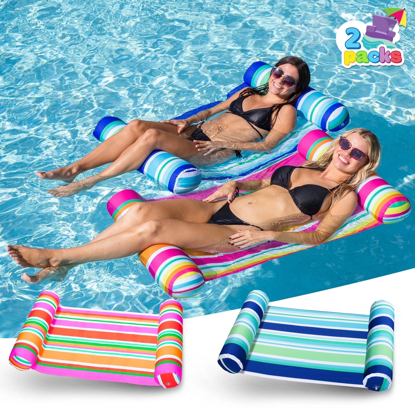 Syncfun 2 Packs Inflatable Pool Float Hammock, 4 in 1 Pool Floaties for Adults, Swimming Pool Accessories (Saddle, Lounge Chair, Hammock, Drifter) for Pool, Beach, Outdoor