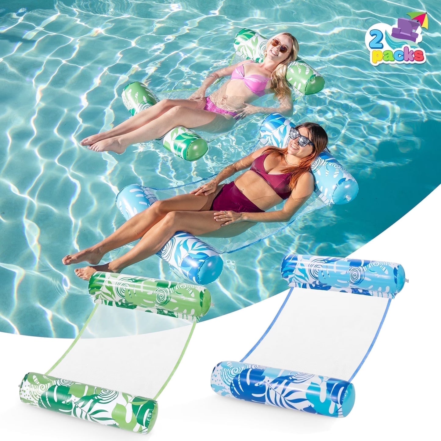 Syncfun 2 Packs Inflatable Pool Float Hammock, 4 in 1 Pool Floaties for Adults, Swimming Pool Accessories Saddle, Lounge Chair, Hammock, Drifter for Pool, Beach, Outdoor