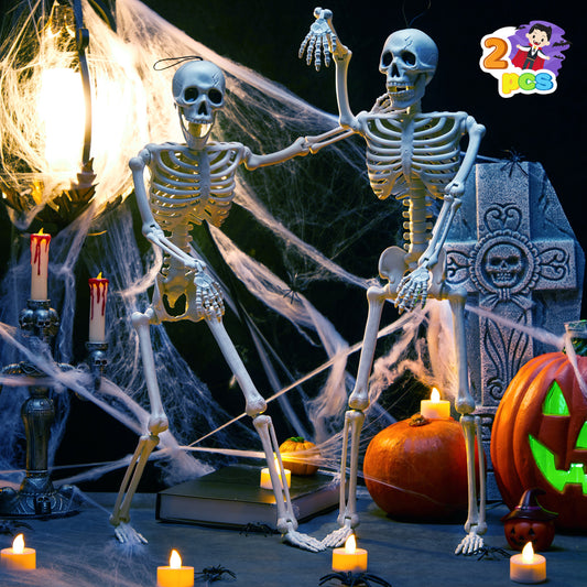 Joyfy 2 Pcs 24 Inch Halloween Skeleton Decor,Posable Skeleton Halloween Prop for Haunted House Indoor Outdoor Decoration Spooky Decor,Full Body with Movable Joints for Halloween Decoration
