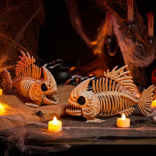 Joyfy 2 Pcs Fish Skeleton Halloween Decoration,9.5 Inch Posable Plastic Animals Halloween Skeleton for Indoor Outdoor Halloween Decorations,Haunted House Party Props