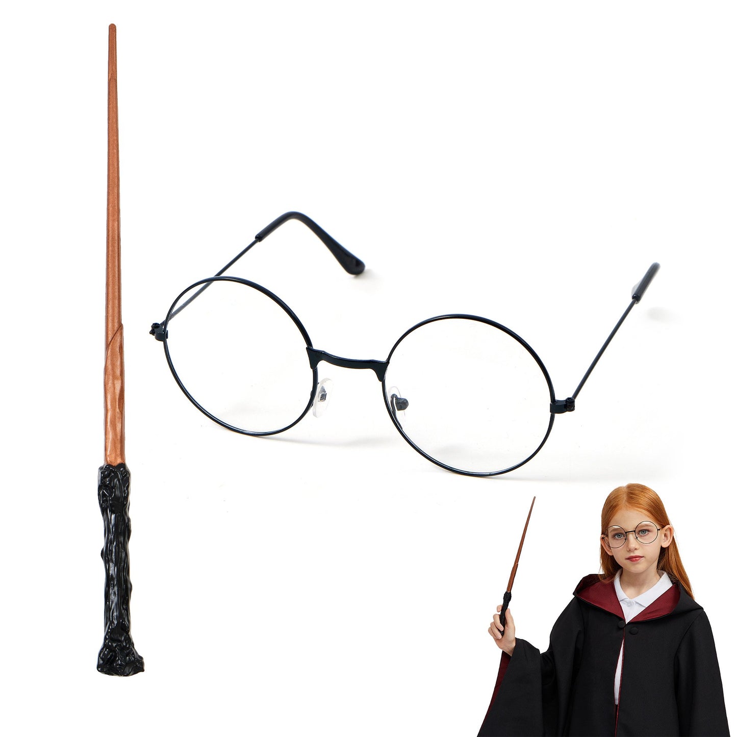 SYNCFUN 2 Pcs Halloween Wizard Costume Accessories Set with Black Nerd Circle Glasses and Novelty Witch Magic Wands,Cosplay Accessories for Kids and Adults Dress Up