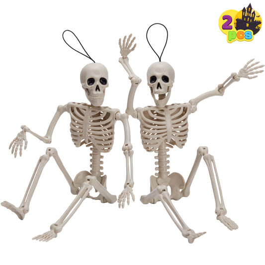 Joyfy 2 Pcs Halloween Skeleton Decorations,16 inch Poseable Skeleton with Movable Joints for Halloween Indoor Outdoor,Haunted House Accessories,White