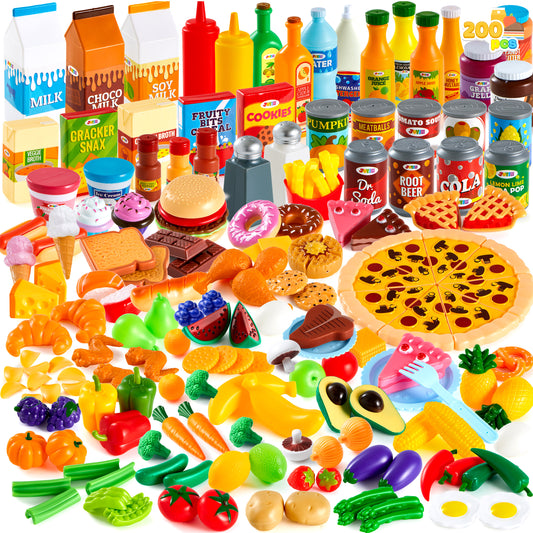 Joyfy 200 Pcs Play Food Set for Kids Kitchen, Pretend Play Food Set, Toy Food Play Kitchen Accessories with Realistic Colors