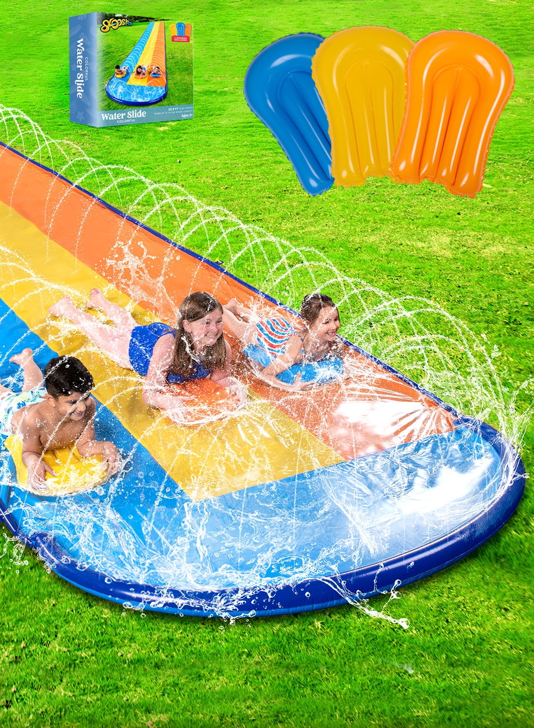 SYNCFUN 22.5ft Triple Water Slide and 3 Inflatable Boards, Backyard Summer Lawn Water Slides Waterslides and Sprinkler Water Toys for Kids Adults Outdoor Fun