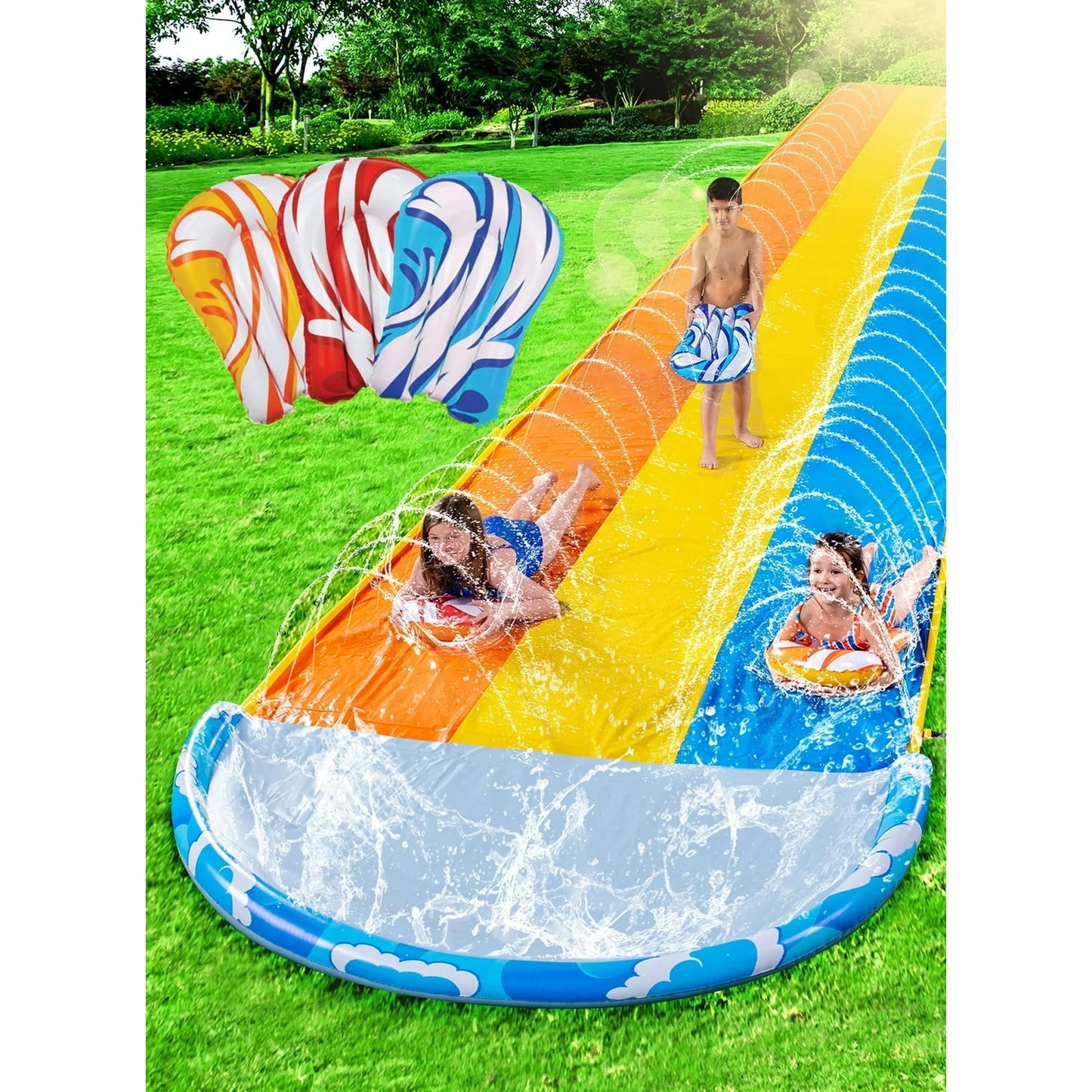 Joyfy 22.5ft Triple Water Slide and 3 Inflatable Boards, Backyard Summer Lawn Water Slides Waterslide and Slip Sprinkler Water Toy for Kids Adults Outdoor Fun