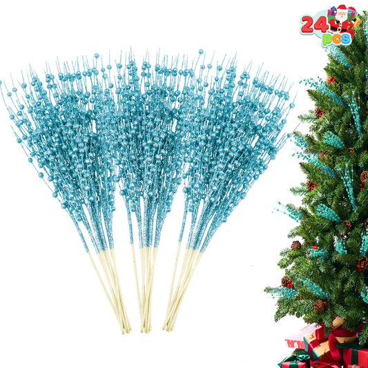 Joyfy 24 Pcs Christmas Tree Berry Stem, 20 Inches Decorative Bead Sticks, Glittery Twigs, Picks, Branches for Christmas Tree, Small Vase, Holiday, Wedding, Party (Light Blue)