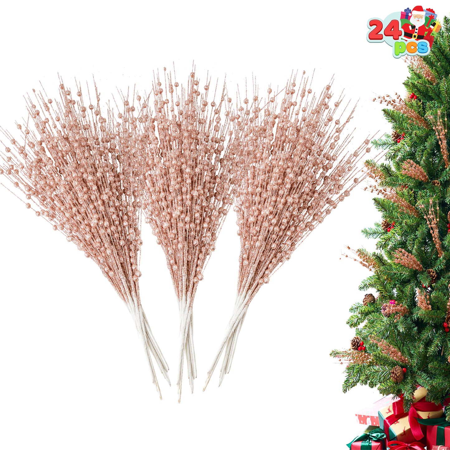 Syncfun 24 Pcs Christmas Tree Berry Stem, 20 Inches Decorative Bead Sticks, Glittery Twigs, Picks, Branches for Christmas Tree, Small Vase, Holiday, Wedding, Party (Rose Gold)