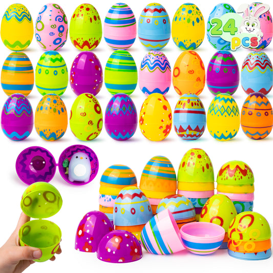 24PCS 3.15" Printed Easter Eggs, Empty Fillable Colorful Plastic Eggs Bulks for Easter Hunt, Party Favor, Basket Stuffers Filler Scene and Decoration