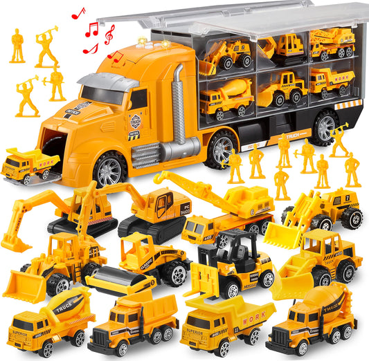 Syncfun 25 in 1 Die-cast Construction Play Vehicle Set, Vehicles with Sounds and Lights in Carrier Truck, Push and Go Car Toy, Kids Birthday Gifts for 3 4 5 6 Years Old Boys
