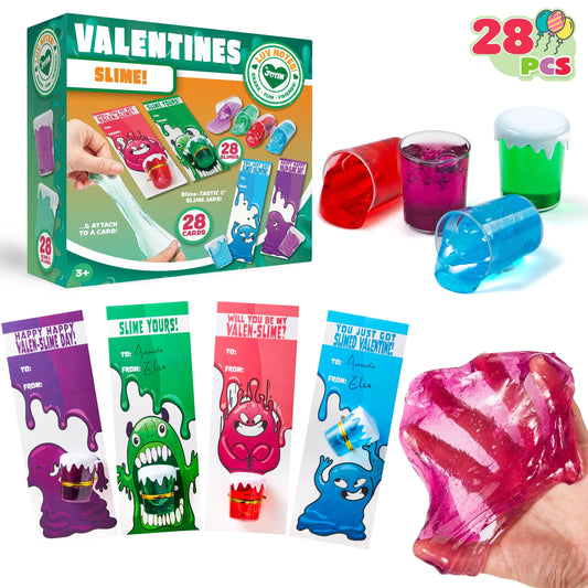 28 PCS Valentines Day Cards with Slime, Stress Relief Fidget Slime Valentines Toy for Kids Valentines Classroom Favors Exchange Card Gifts pack