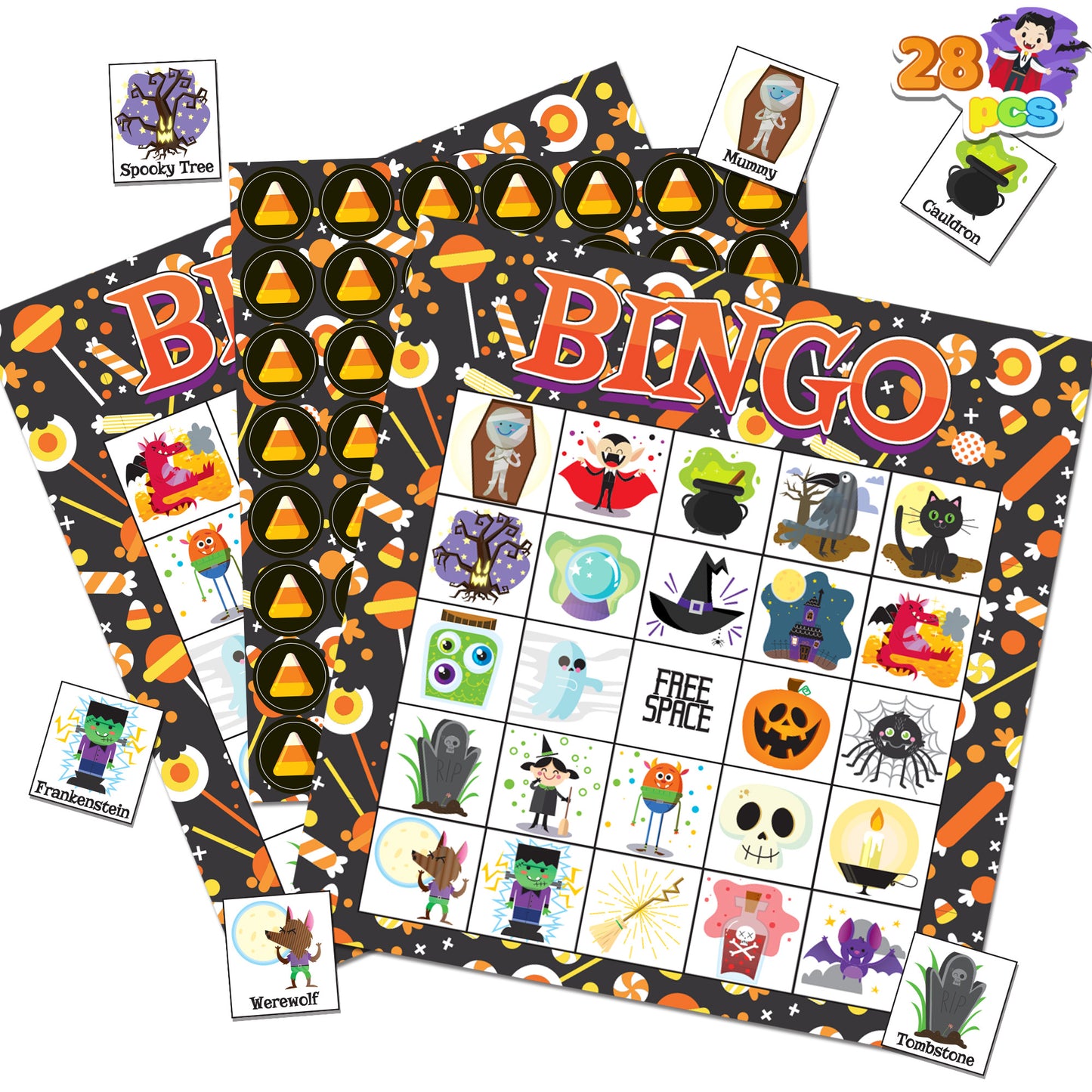 Syncfun 28 Pack Halloween Bingo Game Cards Games for Kids,Halloween Bingo Fun Party Games Classroom Games Activities Party Supplies