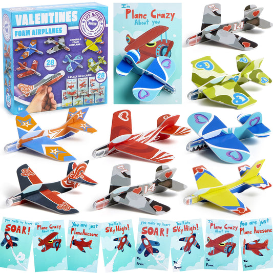 28 Pack Valentines Day Cards With Foam Airplanes for Kids Valentines School Class Favors Boys Exchange Toys Gifts