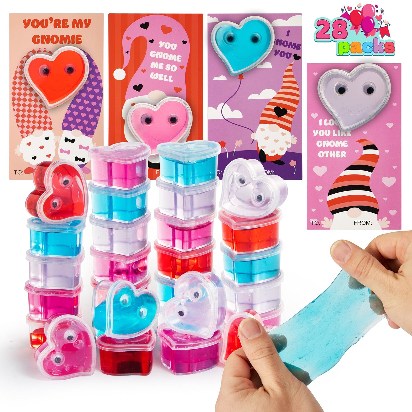 28 Packs Valentines Cards with Heart Shaped Slime for Kids, Stress Relief Fidget Toy Gifts Set for Boys Girls, Valentines School Classroom Exchange Card