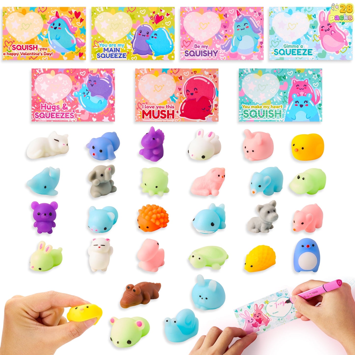 28 Packs Valentines Day Cards pack with Mochi Squishy Toys Set, Cute Animal Squeeze Fidget Toys for Kids Valentines School Class Exchange Cards, Valentine Party Favors
