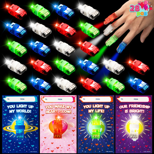 28 Packs Valentines Day Gift Cards with LED Finger Lights, Glow in the Dark Toys for Kids Valentines Class Exchange Cards, Birthday Holiday Party Favors