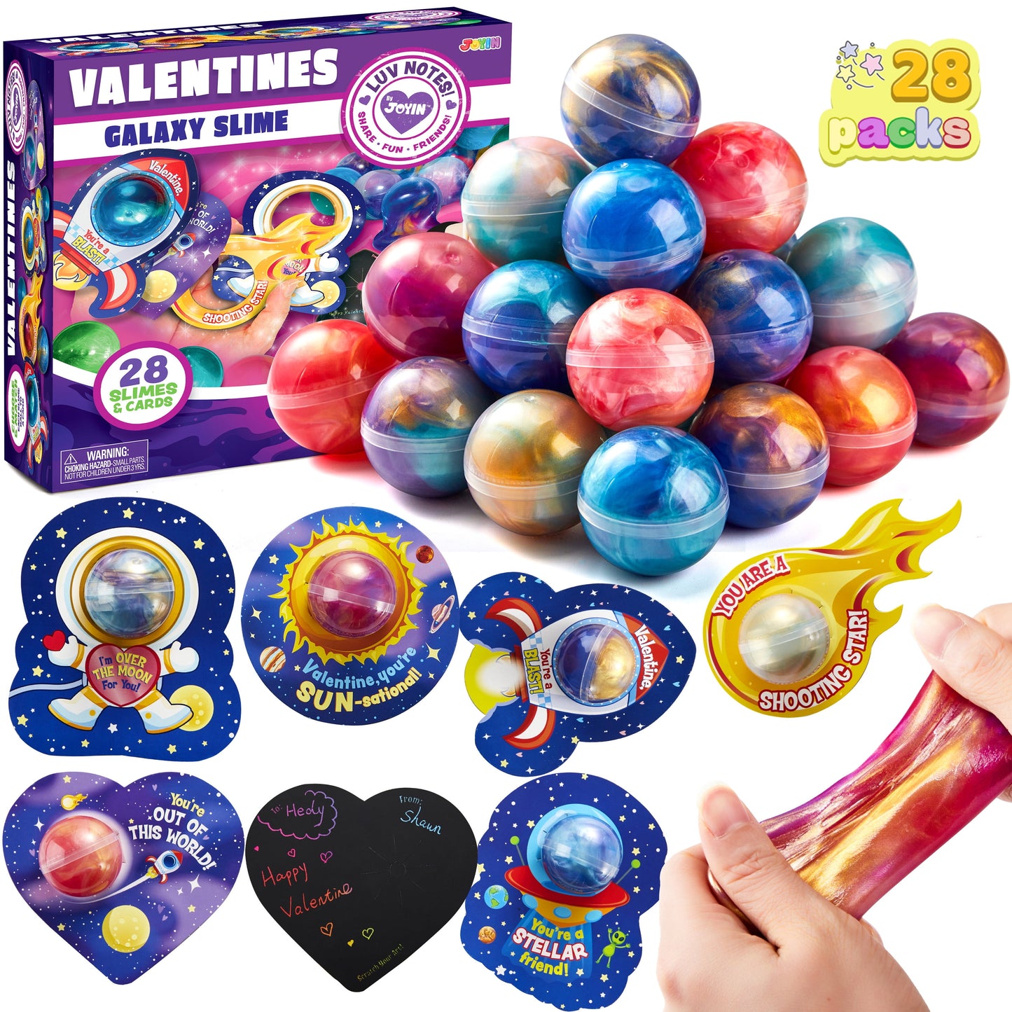 28 Packs Valentines Galaxy Slime With Cards for Kids, Stress Relief Fidget Toy for Kids Valentines Class Exchange Cards, Valentines Party Favors