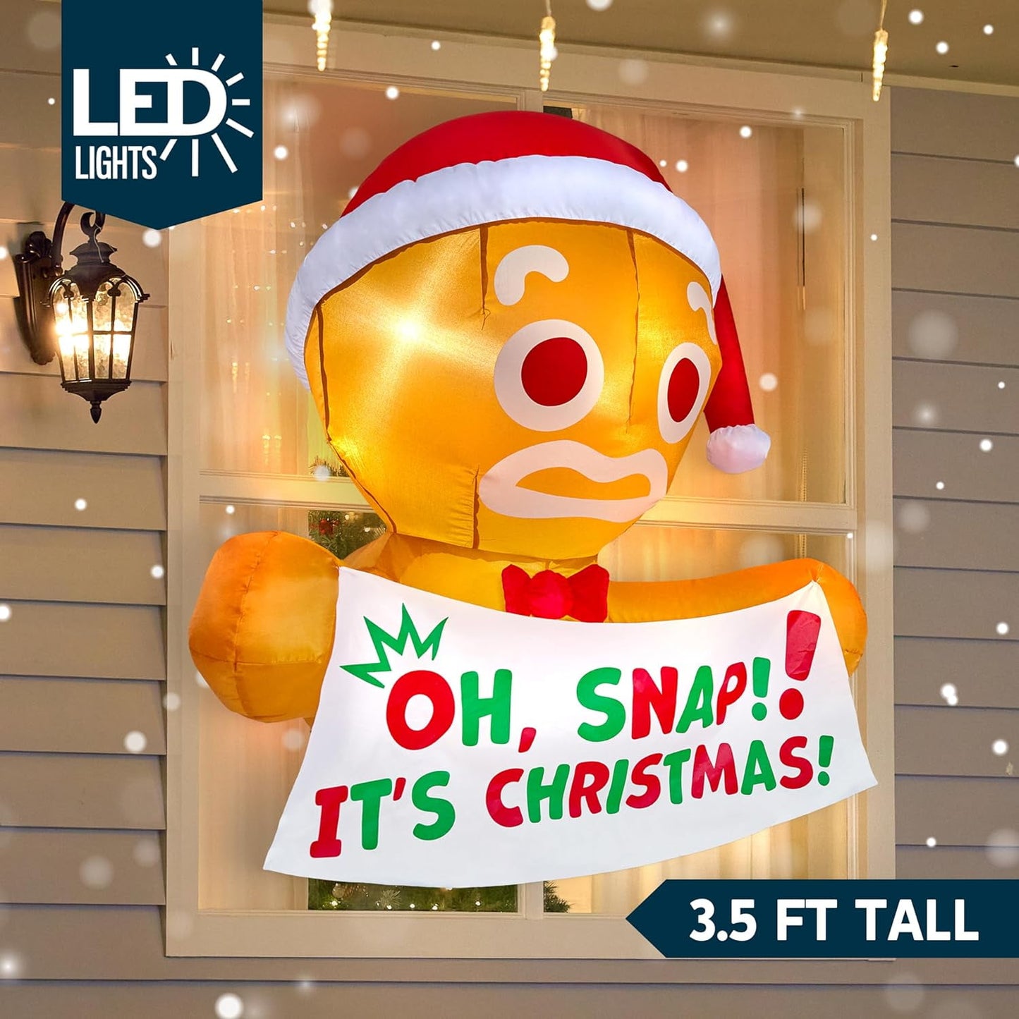 Joyfy 3.5 FT Christmas Inflatables Window Outdoor Decorations,Gingerbread Man with Oh Snap Banner Broke Out from Window Blow Ups Yard with Built-in LEDs for Holiday