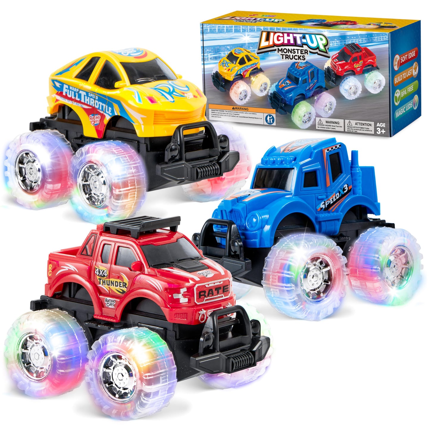 Joyfy 3 Pack Light Up Monster Truck Set, Toy Truck Set for Boys and Girls, Led Race Truck for Kids, for Boy Girl 3 4 5 6