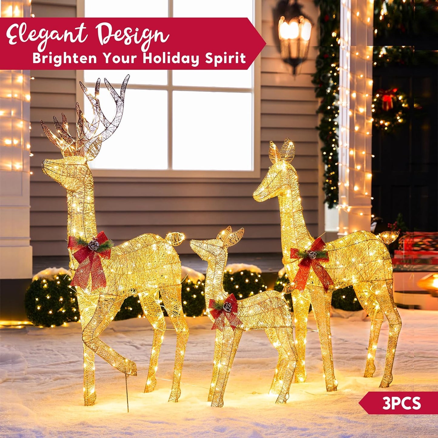 Joyfy 3 Pack Reindeer Christmas Outdoor Yard Light Decorations,360 LED Lights Deer Family for Christmas Outside Lawn Decor,Glod