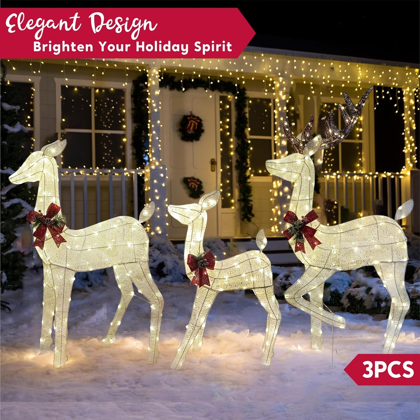 SYNCFUN 3 Pack Reindeer Christmas Outdoor Yard Light Decorations,360 LED Lights Deer Family for Christmas Outside Lawn Decor,Warm White