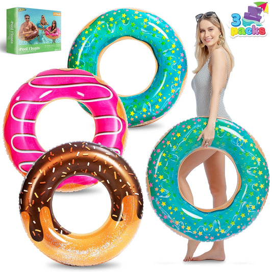 Syncfun 3 Packs 32.5'' Donuts with Glitters Pool Floats for Kids and Adults, Swim Tube Pool Rings Funny Tube Toys for Swimming Pool Party Decorations