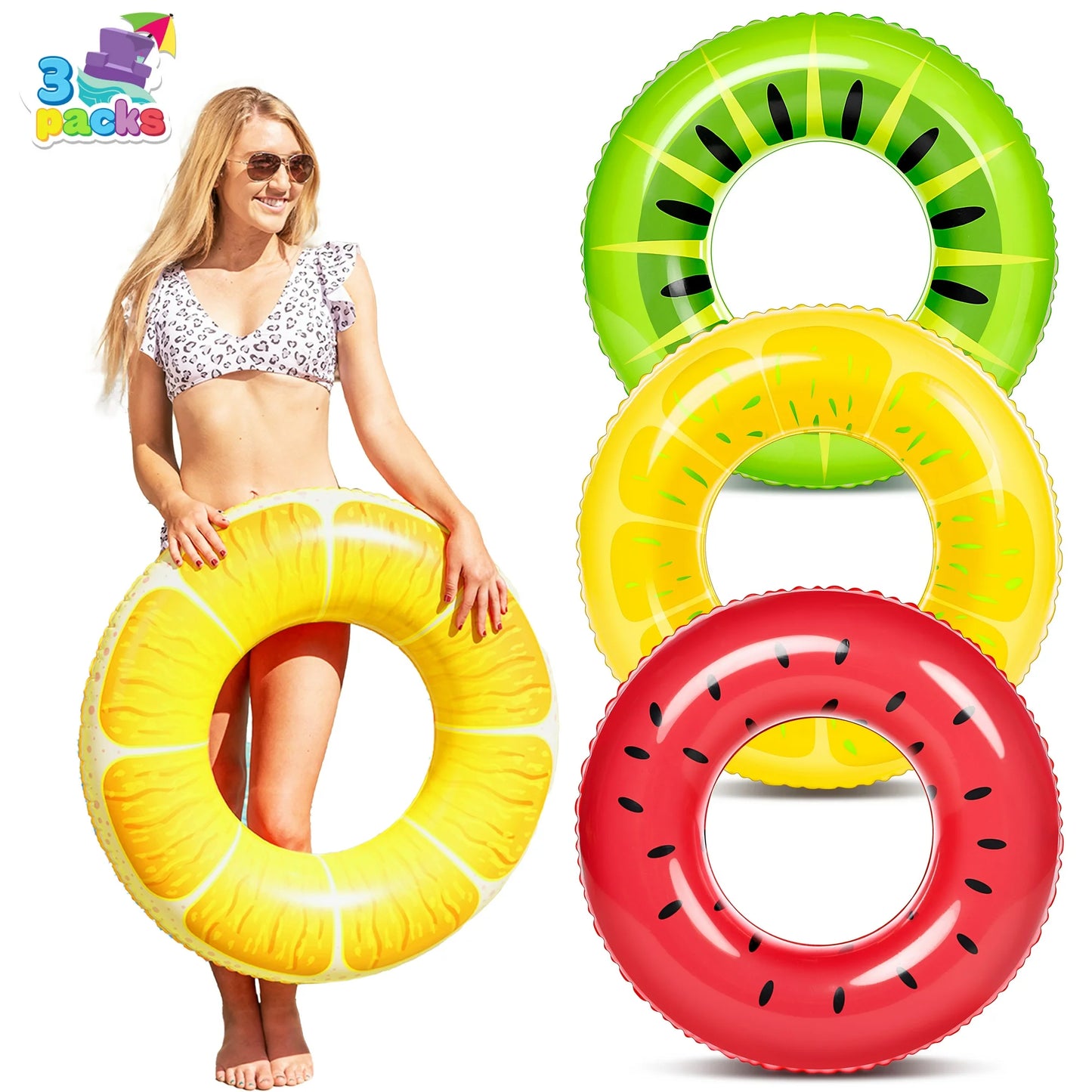 Syncfun 3 Packs 32.5'' Inflatable Pool Floats for Kids Adults, Fruits Swim Tube Pool Rings Swimming Rings Floaties for Swimming Pool Party Decorations