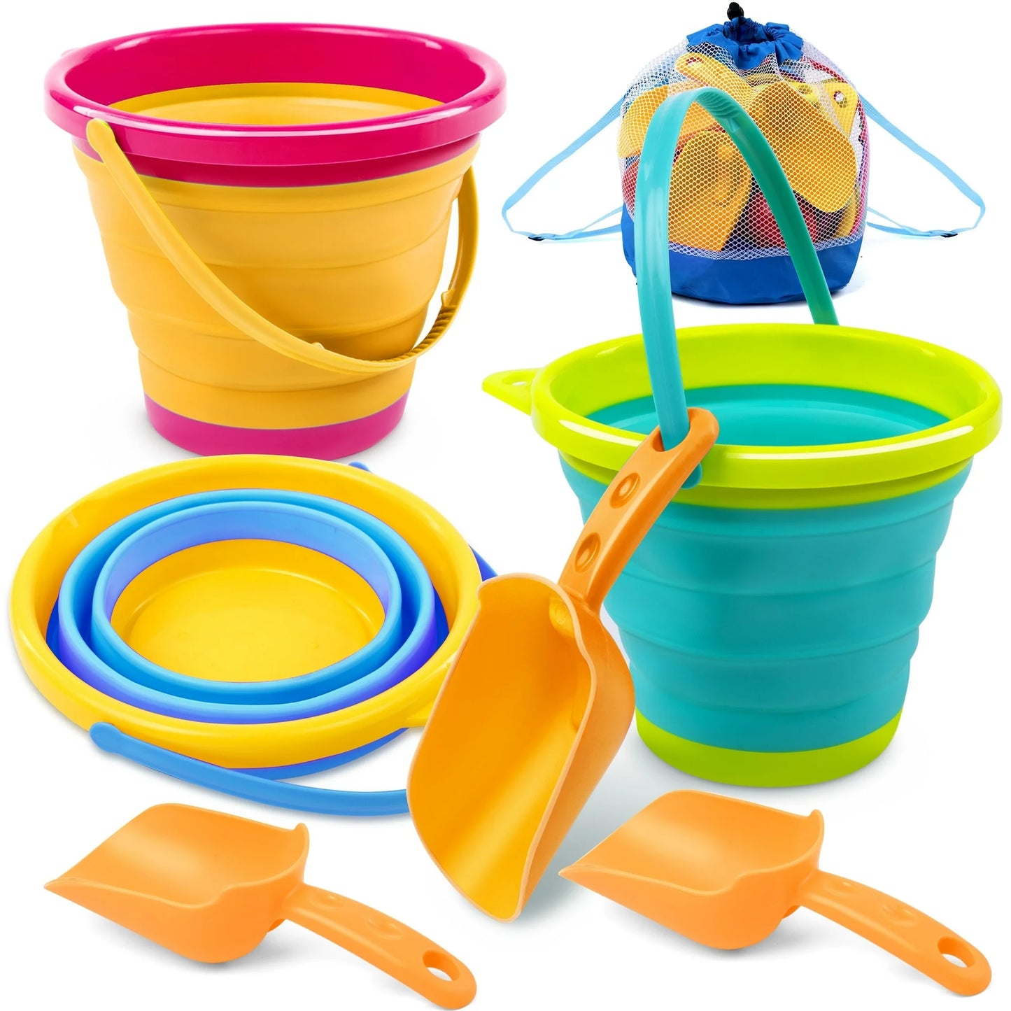 Joyfy 3 Packs Collapsible Bucket with Shovels & Mesh Bag, Multi-Purpose Kids sand toys for Beach, Camping Gear, Beach Parties, and Fun Summer Activities