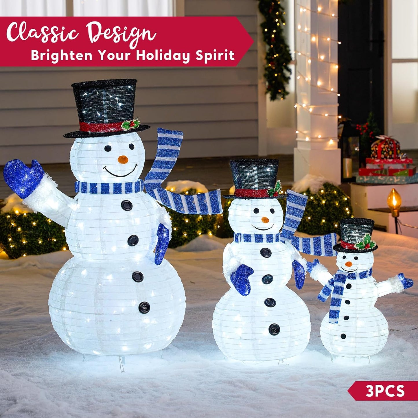Joyfy 3 Pcs Collapsible Snowman Yard Light Christmas Outdoor Decorations,3D 270 Pre-Lit LED Snowman Christmas Decorations,Christmas Yard Light with Stakes Holiday Decor