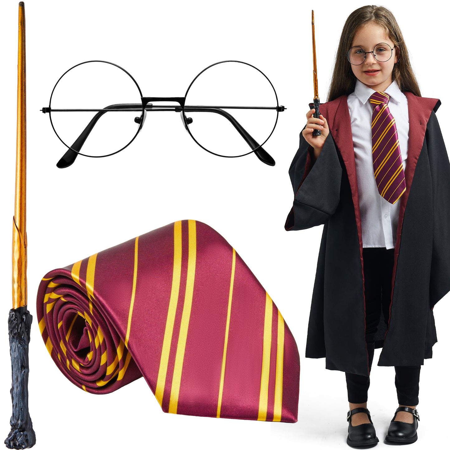 Syncfun 3 Pcs Halloween Wizard Costume Accessories Set with Glasses Tie Wand,Cosplay Accessories for Kids and Adults Dress Up