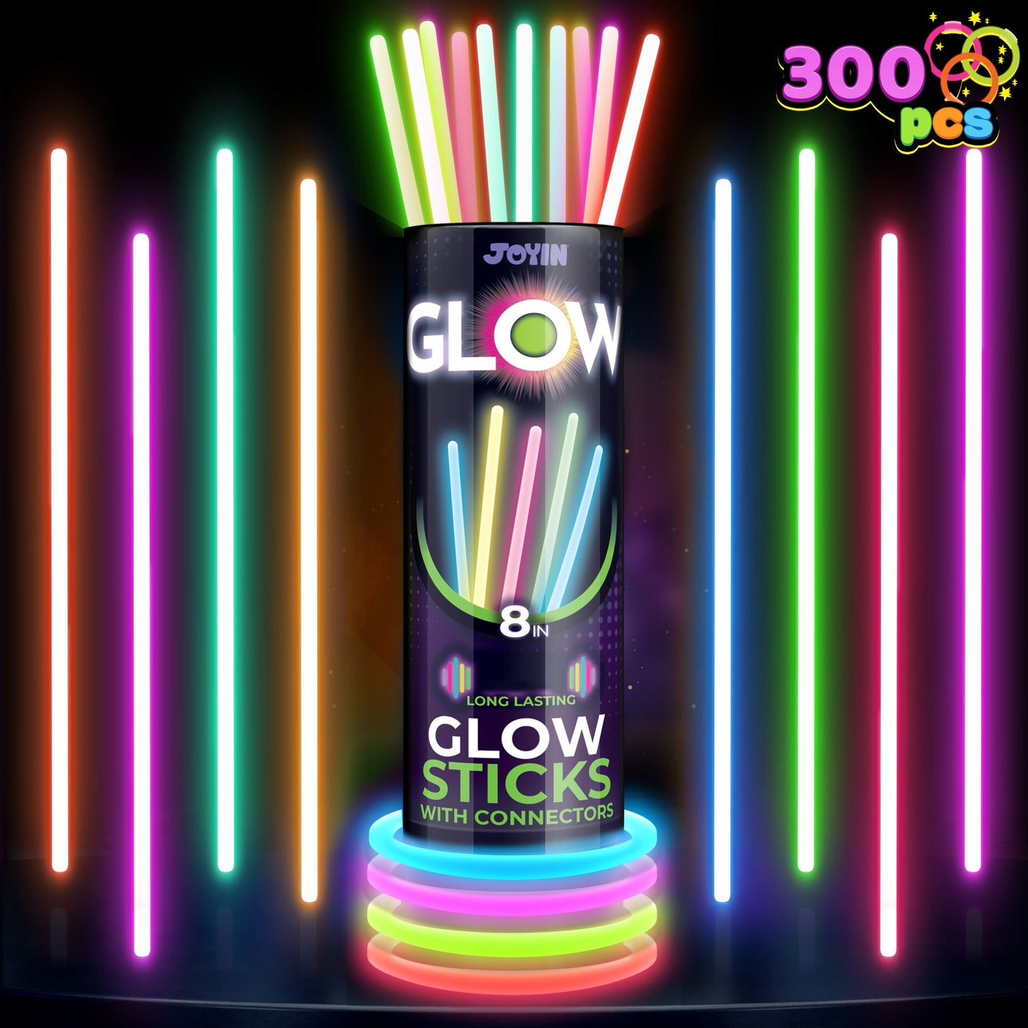 SYNCFUN 300 Pcs Glow Sticks Bulk, 8" Glow in The Dark Neon Party Supplies, Glow Bracelets and Necklaces Party Pack