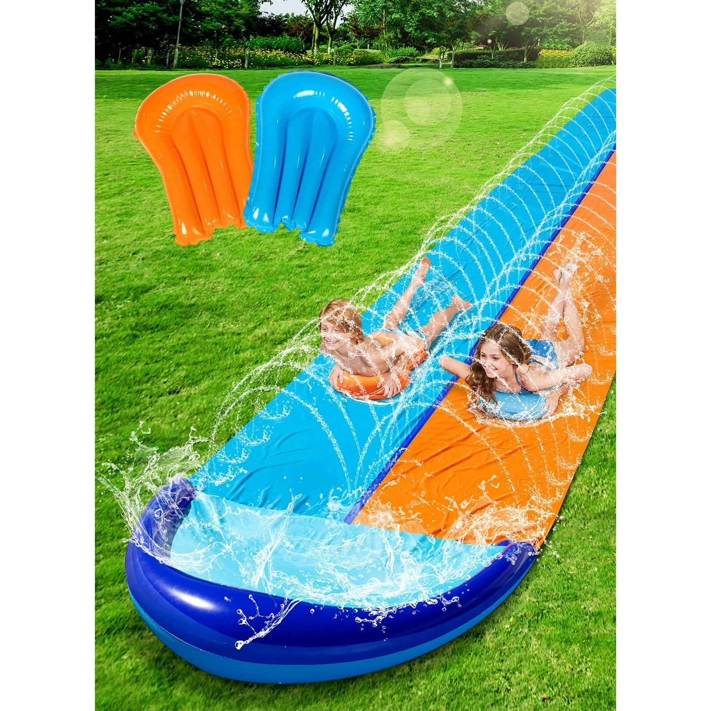 SYNCFUN 32.5ft Double Water Slide and 2 Inflatable Boards, Heavy Duty Lawn Water Slides with Sprinkler for Kids Adults Summer Water Fun Toys