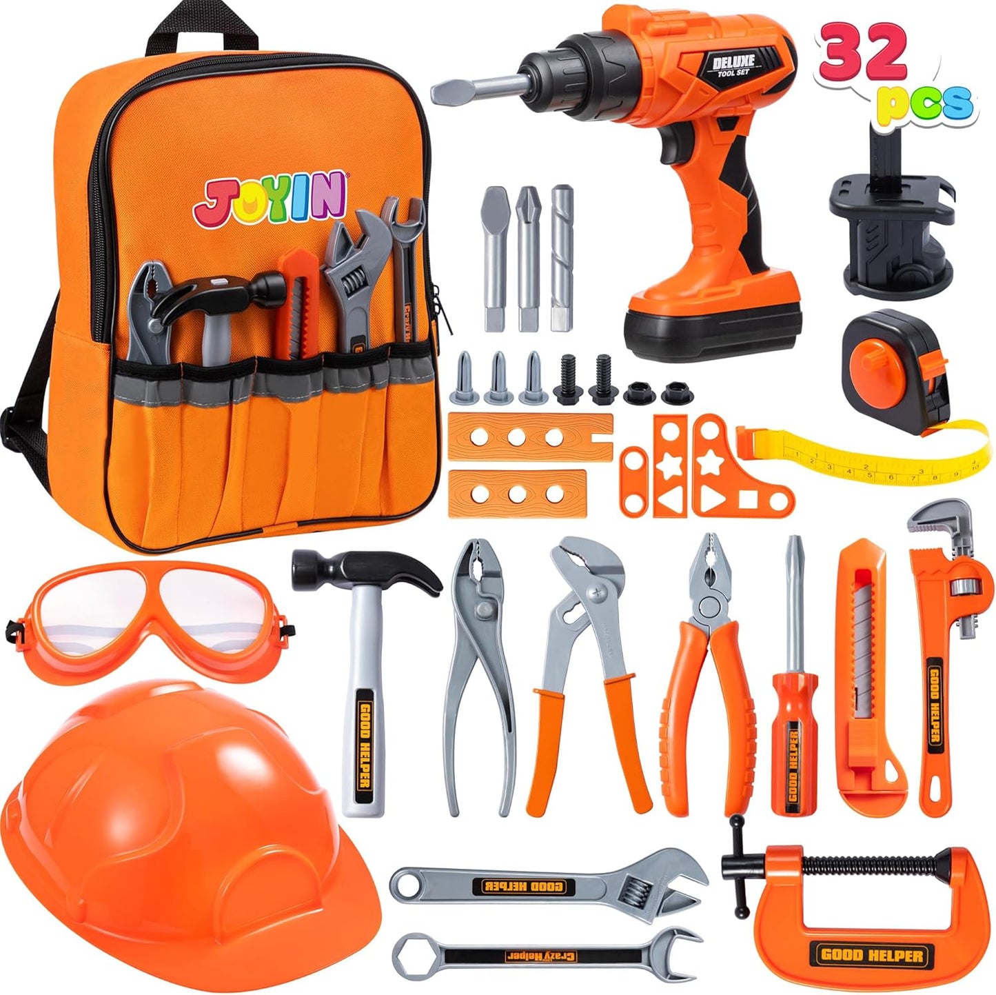Syncfun 32Pcs Kids Tool Set, Construction Pretend Play with Backpack Costume & Electronic Drill Toy for Boy & Girl Birthday Dress Up Party