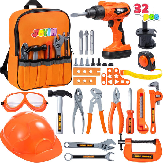 Syncfun 32Pcs Kids Tool Set, Construction Pretend Play with Backpack Costume & Electronic Drill Toy for Boy & Girl Birthday Dress Up Party