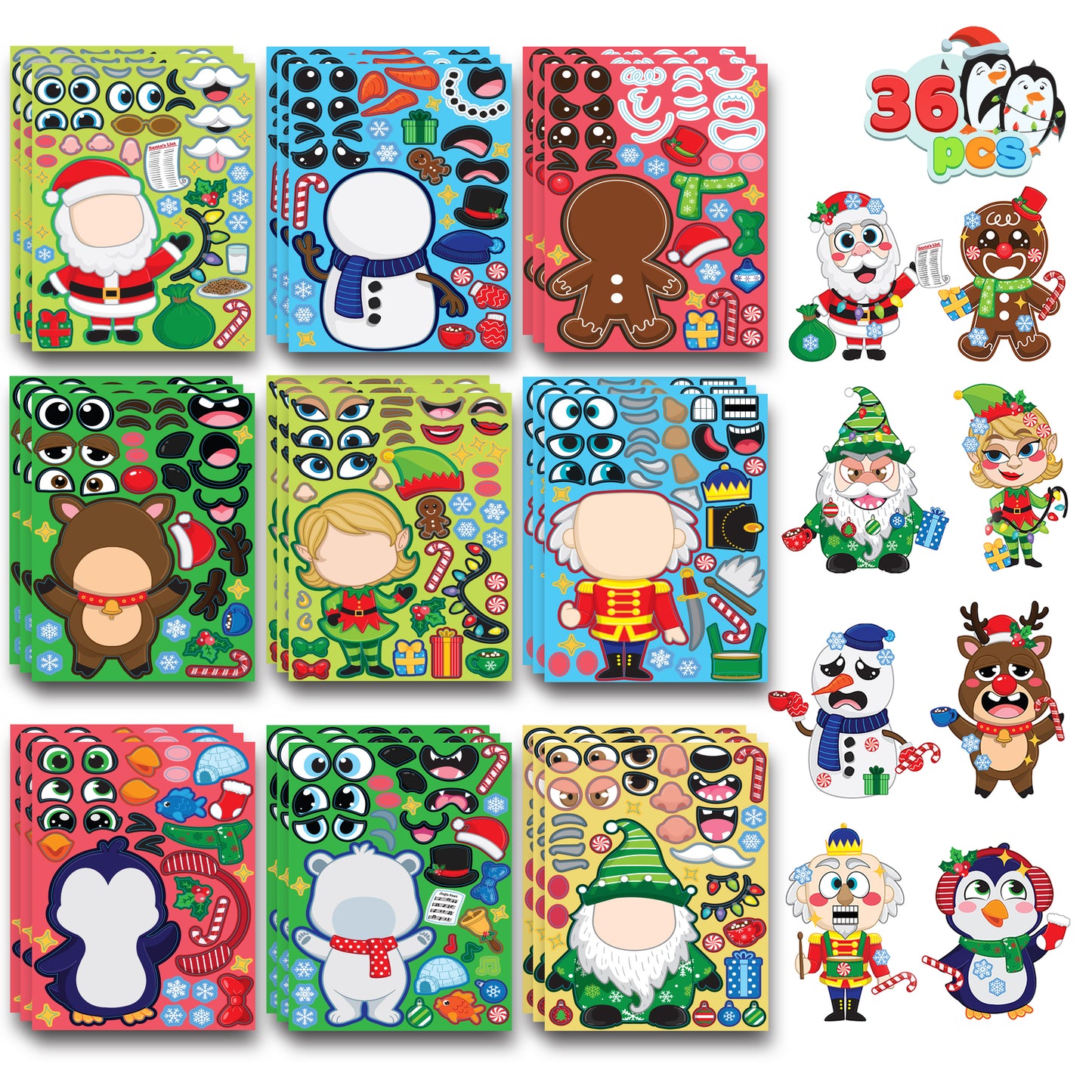 Syncfun 36 Pcs Christmas Make-a-face Sticker Sheet for Kids, Make Your Own Arts & Crafts Christmas Mix & Match Gifts for Kids School Activities Party Supplies