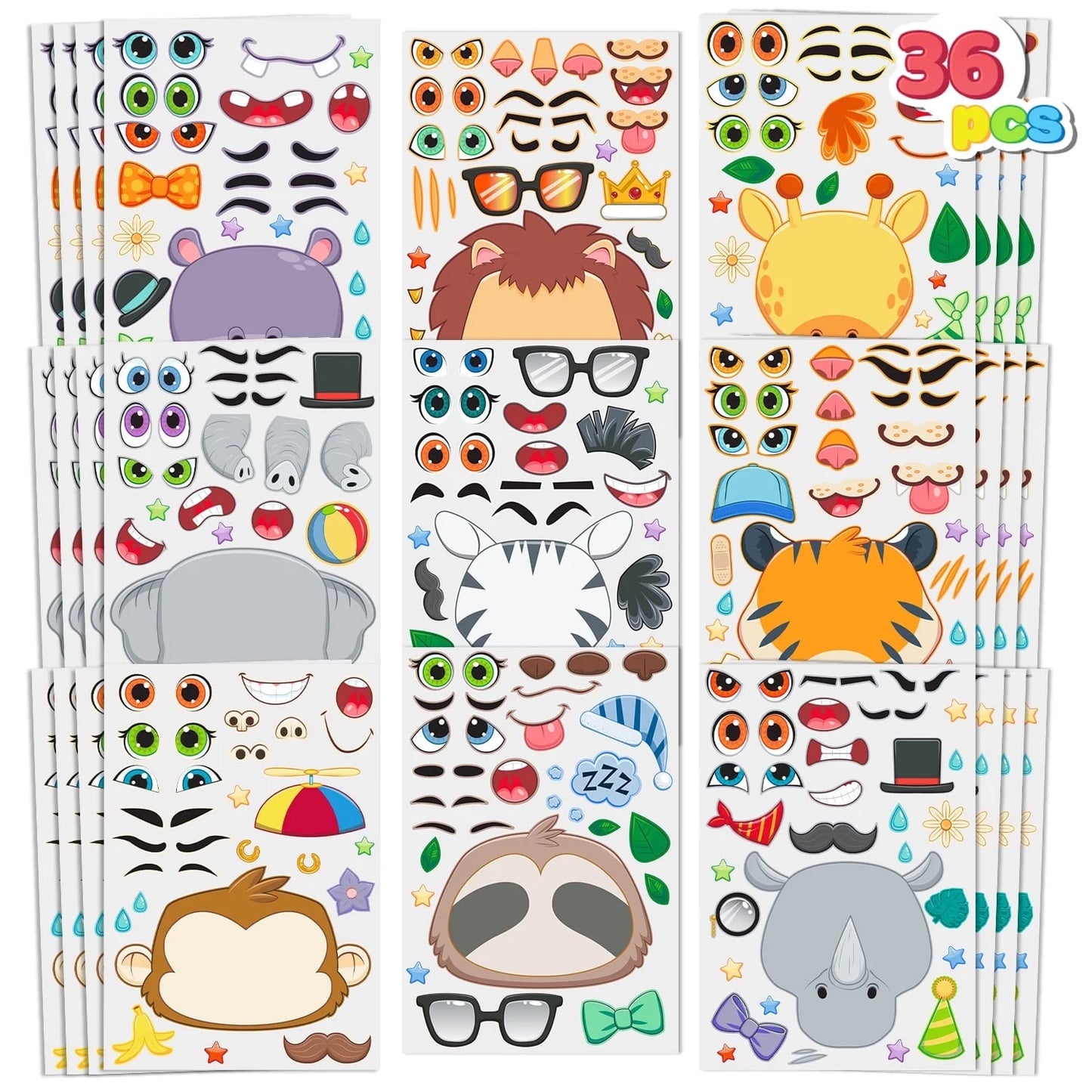 Syncfun 36 Sheets Make-a-face Sticker Sheets 9.8"x6.7" Safari Animal Mix and Match Stickers for Kids Birthday Holiday Party Favor Supplies Craft Gifts for Boys & Girls