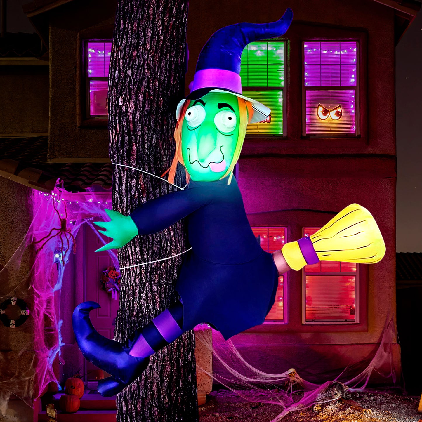 Syncfun 4 FT Halloween Inflatable Outdoor Witch Crashing Into Tree Decorations Blow Up Inflatables Halloween Yard Decorations